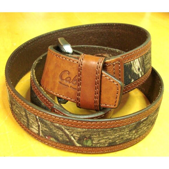 Cabelas Mens Brown Leather Camouflage Camo Inlaid Belt Size 40 Casual Formal Vtg